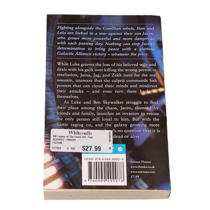 Book titled 'Fury' from 'Star Wars: Legacy of the Force' series on a white surface