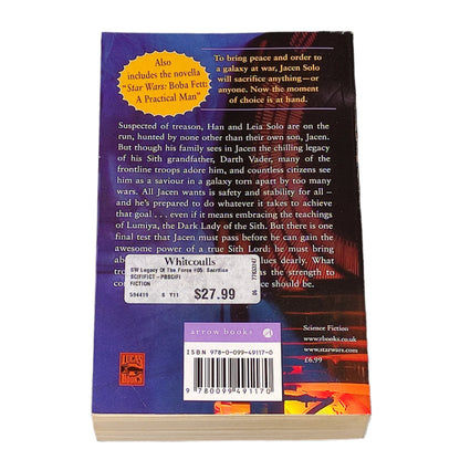 Book titled 'Sacrifice' by Karen Traviss from the Star Wars Legacy of the Force series on a white background