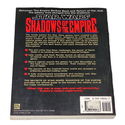Back cover of 'Star Wars: Shadows of the Empire' book with text and branding.