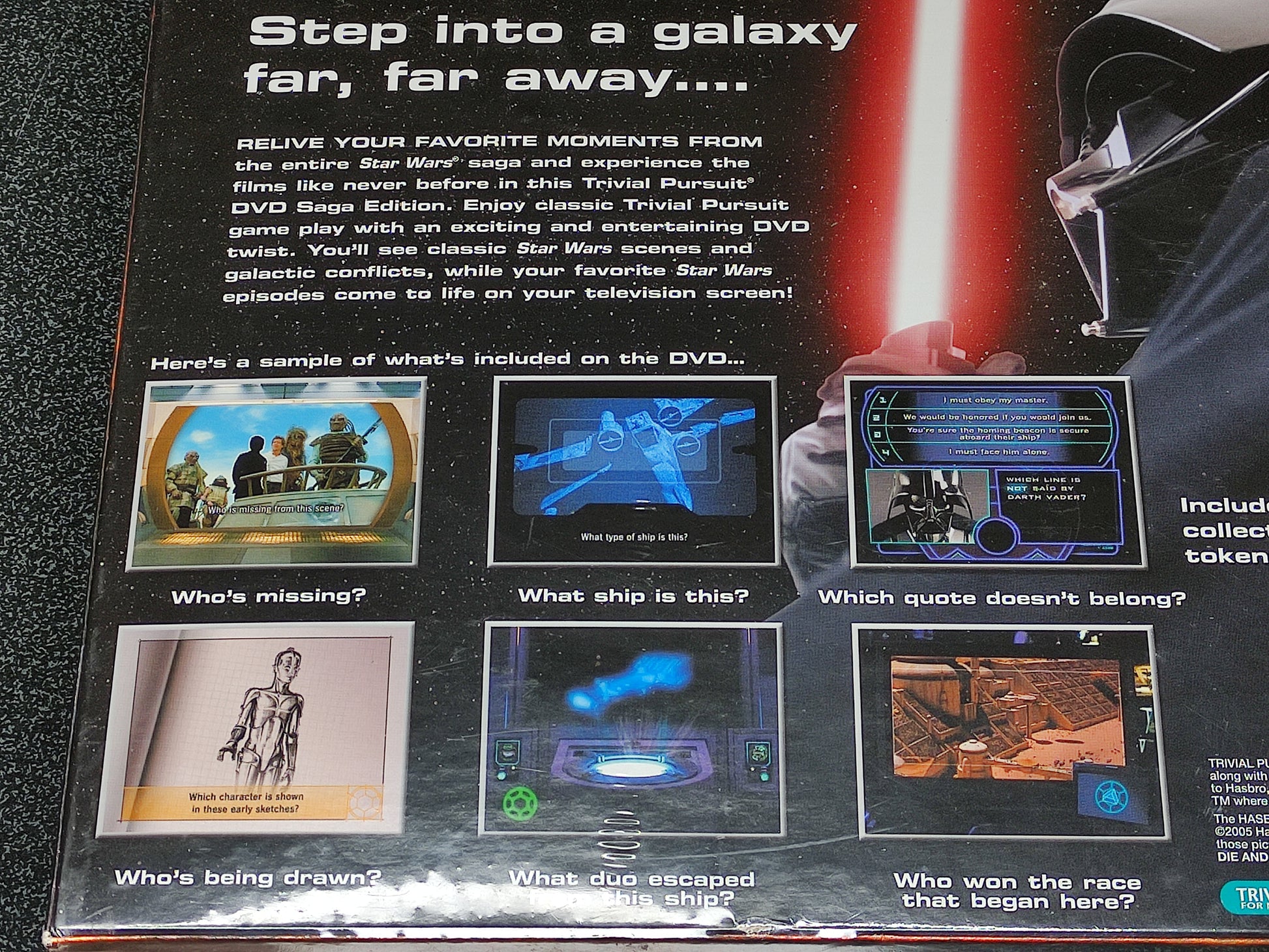 Trivial Pursuit DVD Star Wars Saga Edition packaging with Darth Vader and other characters.