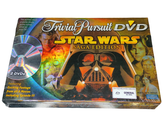 Trivial Pursuit DVD Star Wars Saga Edition packaging with Darth Vader and other characters.