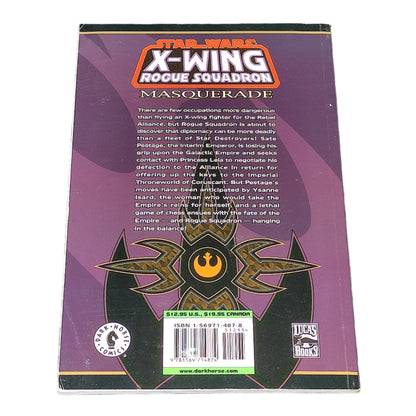 Back cover of 'Star Wars X-Wing Rogue Squadron Masquerade' book on a textured surface