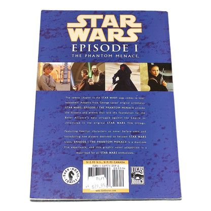Back cover of 'Star Wars Episode I: The Phantom Menace' book on a textured black surface