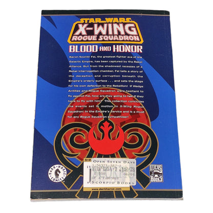 Book cover of 'Star Wars X-Wing Rogue Squadron Blood and Honor' on a textured gray background