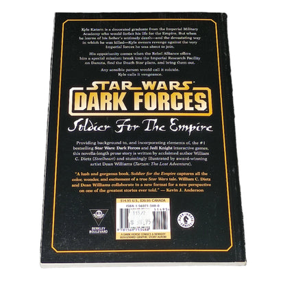 Back cover of 'Star Wars: Dark Forces' book on a textured gray surface
