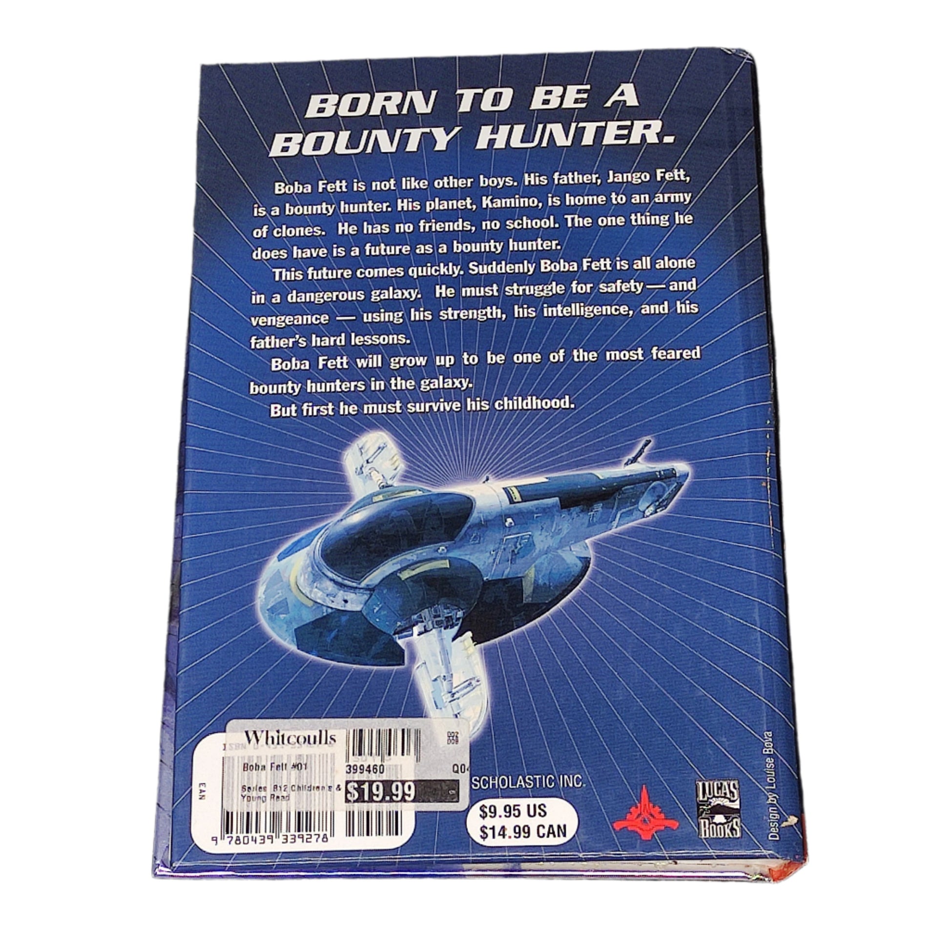 Back cover of a book with text and a spaceship illustration on a dark textured background