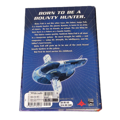 Back cover of a book with text and a spaceship illustration on a dark textured background