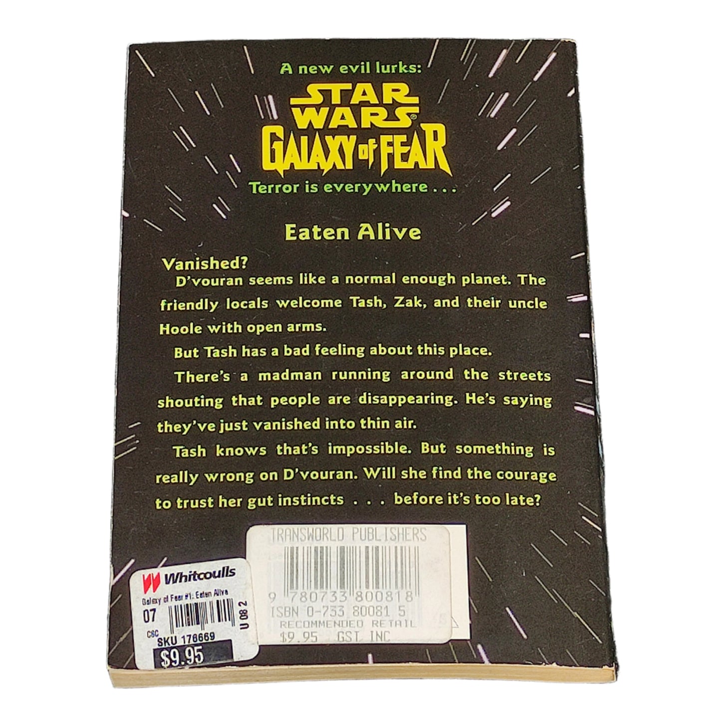 Back cover of a 'Star Wars: Galaxy of Fear' book with text and branding.