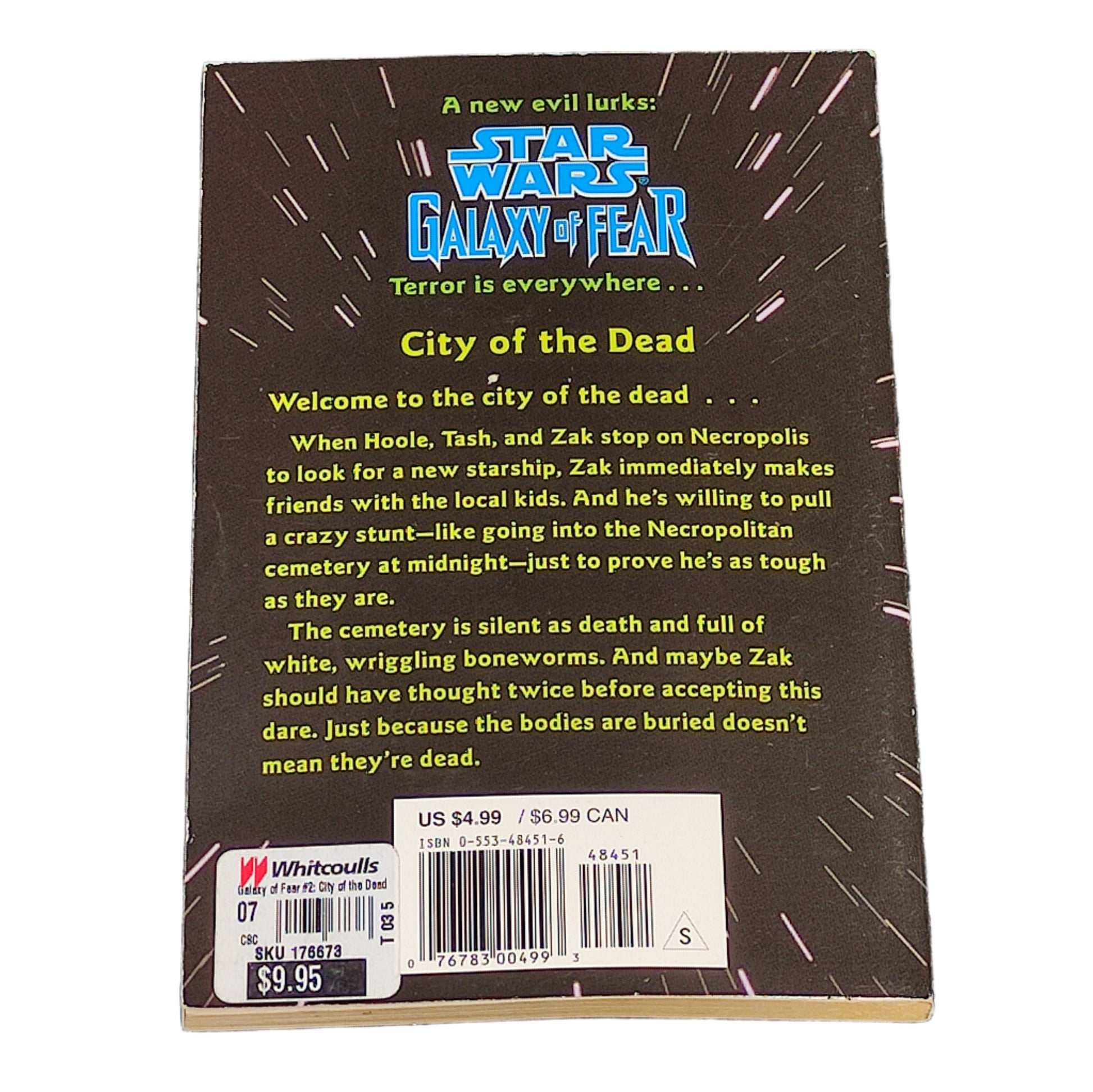 Back cover of a Star Wars book titled 'Galaxy of Fear' on a textured surface