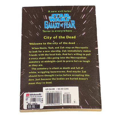Back cover of a Star Wars book titled 'Galaxy of Fear' on a textured surface