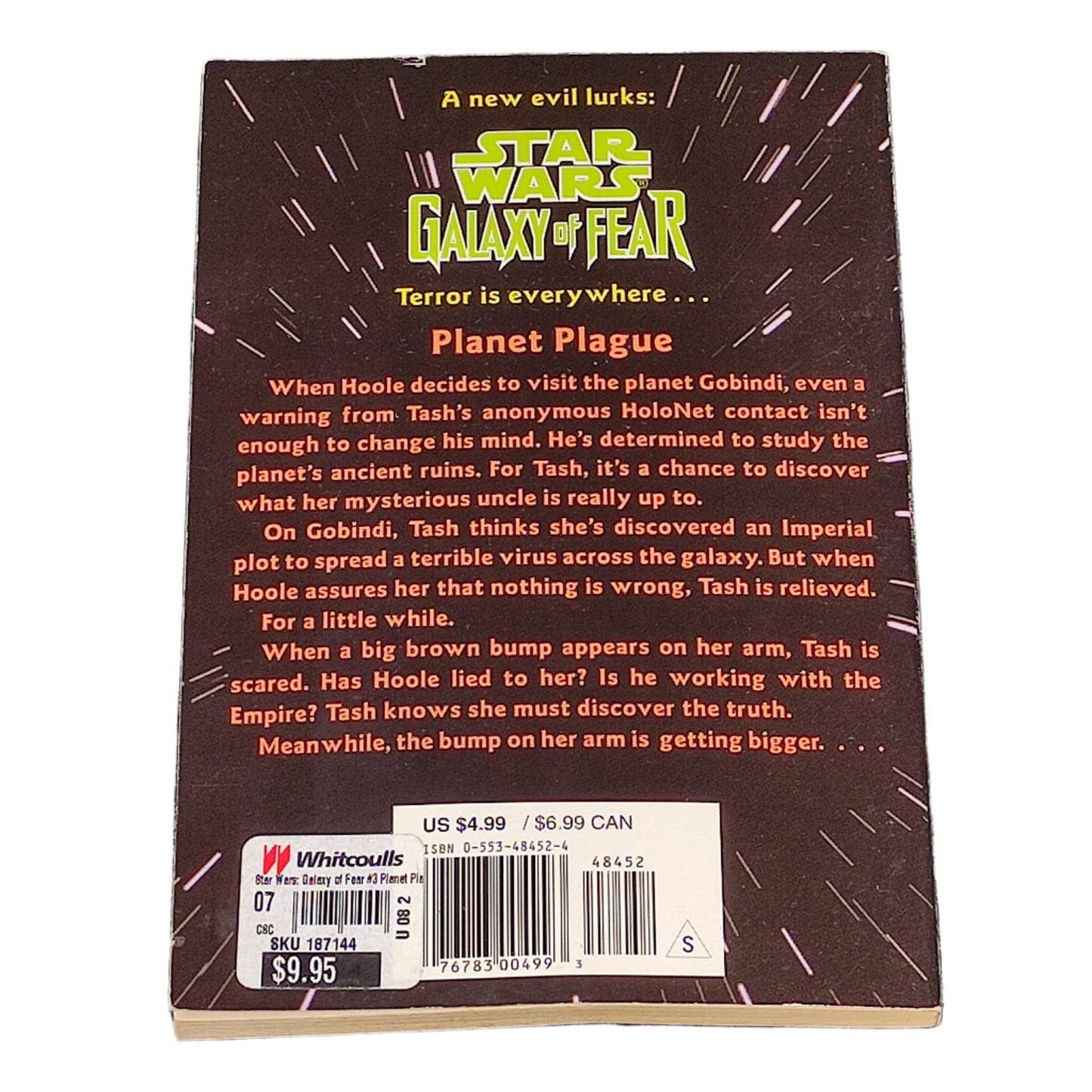 Back cover of a Star Wars book titled 'Galaxy of Fear' on a textured surface.