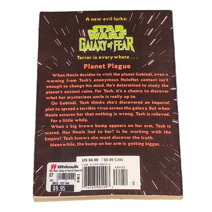 Back cover of a Star Wars book titled 'Galaxy of Fear' on a textured surface.