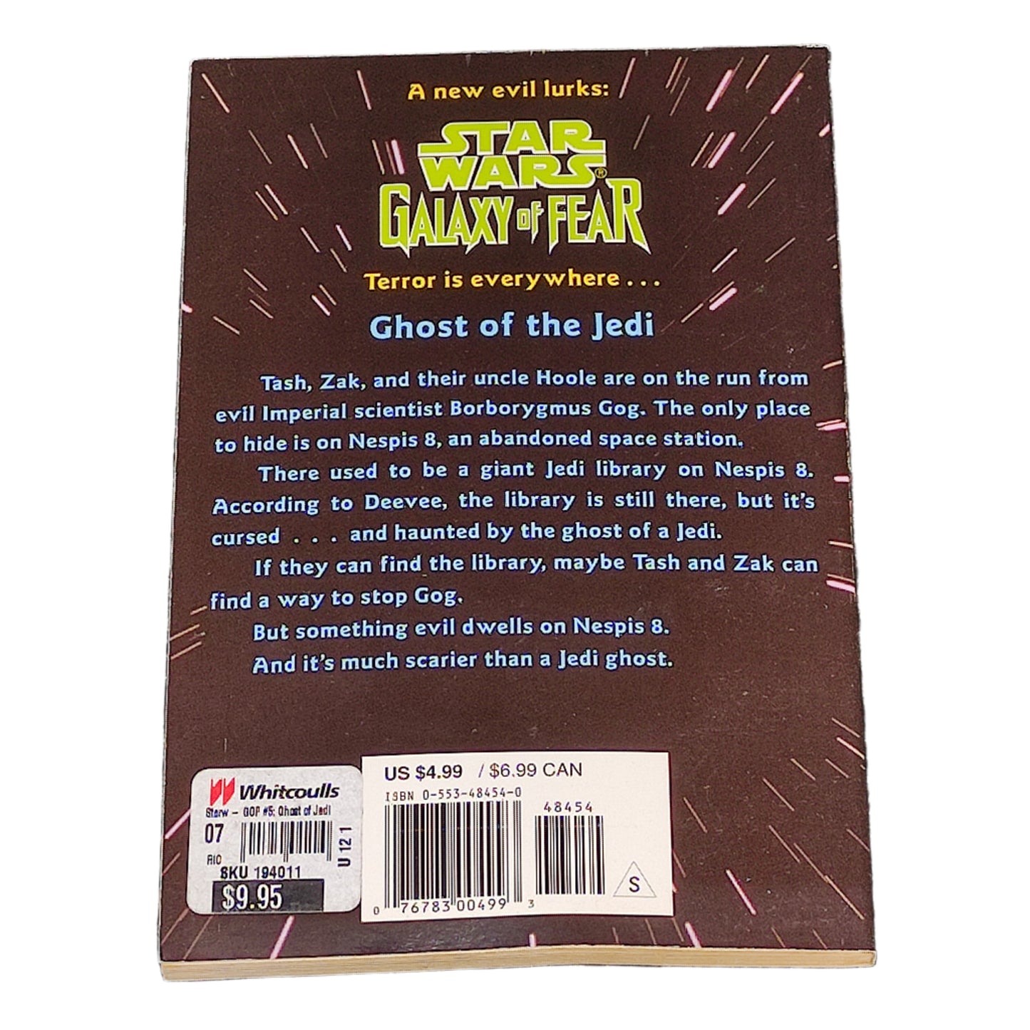 Back cover of a book titled 'Star Wars: Galaxy of Fear' with text and a barcode on a textured surface.