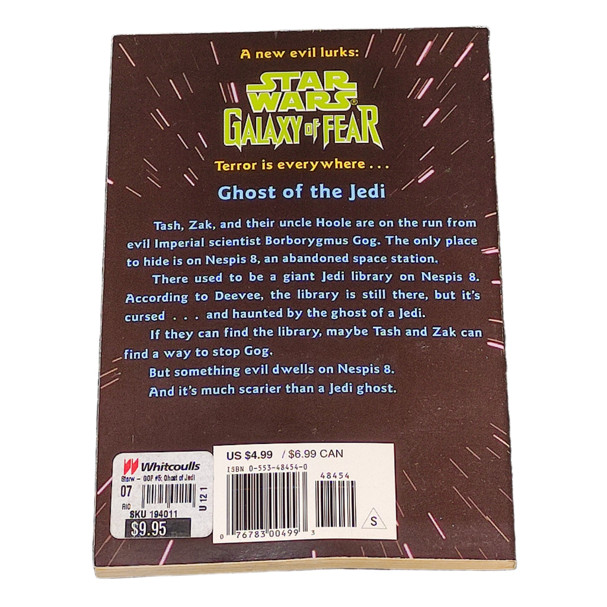 Back cover of a book titled 'Star Wars: Galaxy of Fear' with text and a barcode on a textured surface.