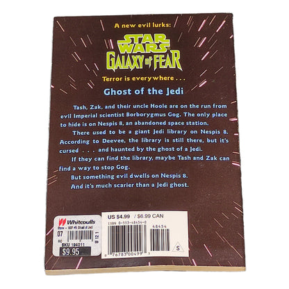 Back cover of a book titled 'Star Wars: Galaxy of Fear' with text and a barcode on a textured surface.