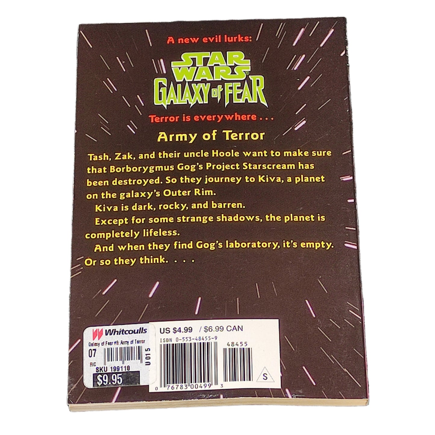 Back cover of a Star Wars book titled 'Galaxy of Fear: Army of Terror' on a textured surface.