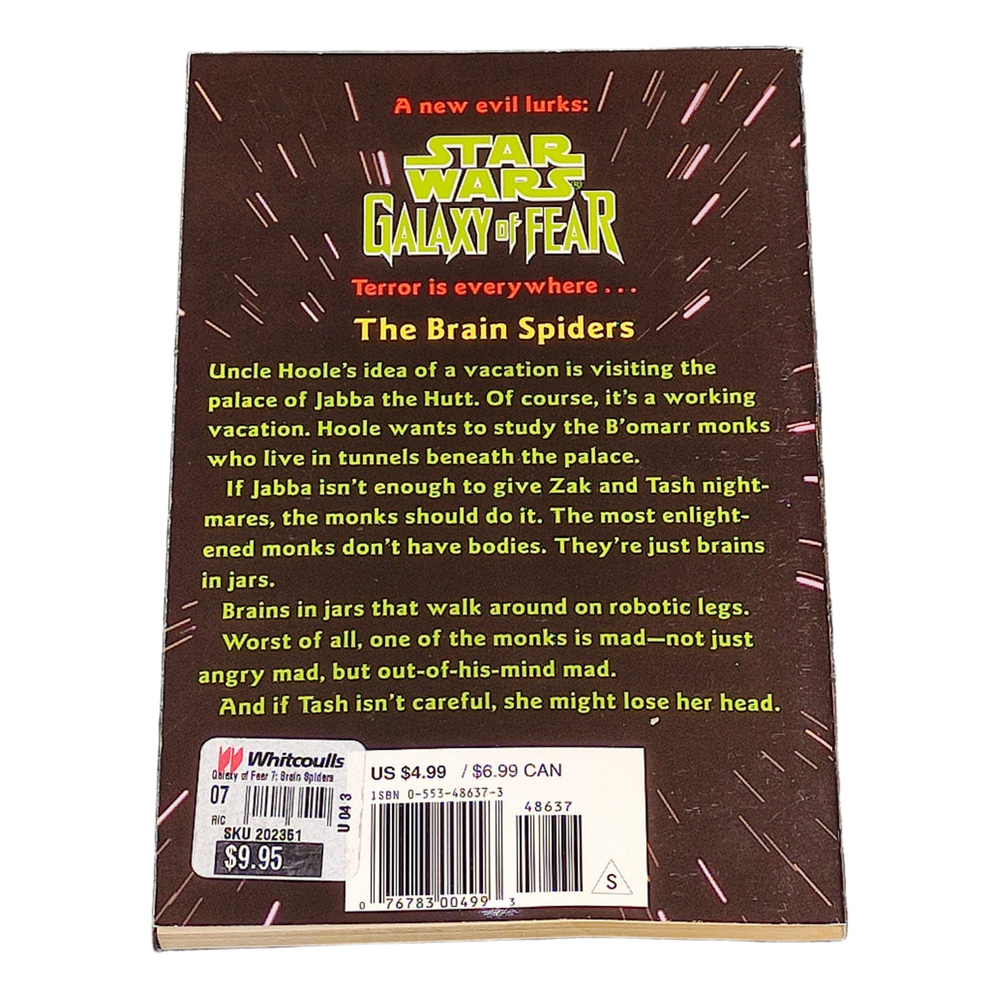 Back cover of a book titled 'Galaxy of Fear' with text and branding on a textured surface.