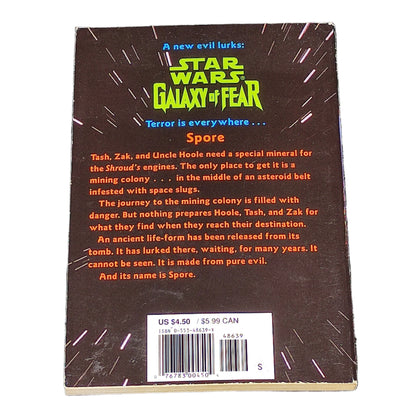 Back cover of a book titled 'Star Wars: Galaxy of Fear' with text and branding.