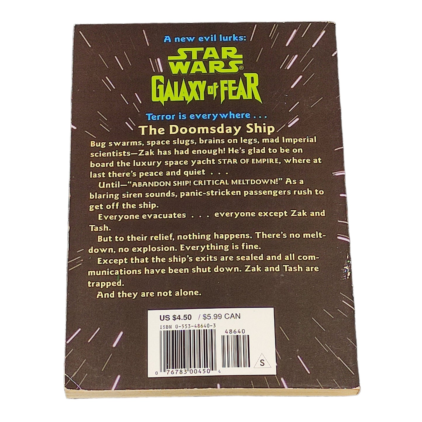 Back cover of a book titled 'Star Wars: Galaxy of Fear' with text and branding.