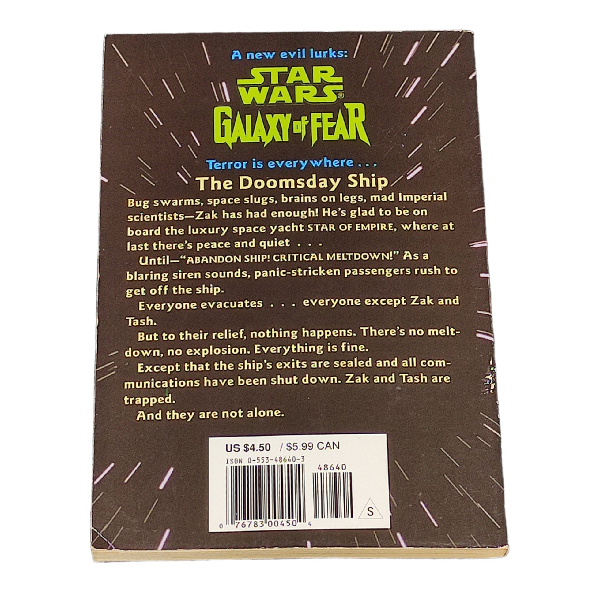 Back cover of a book titled 'Star Wars: Galaxy of Fear' with text and branding.