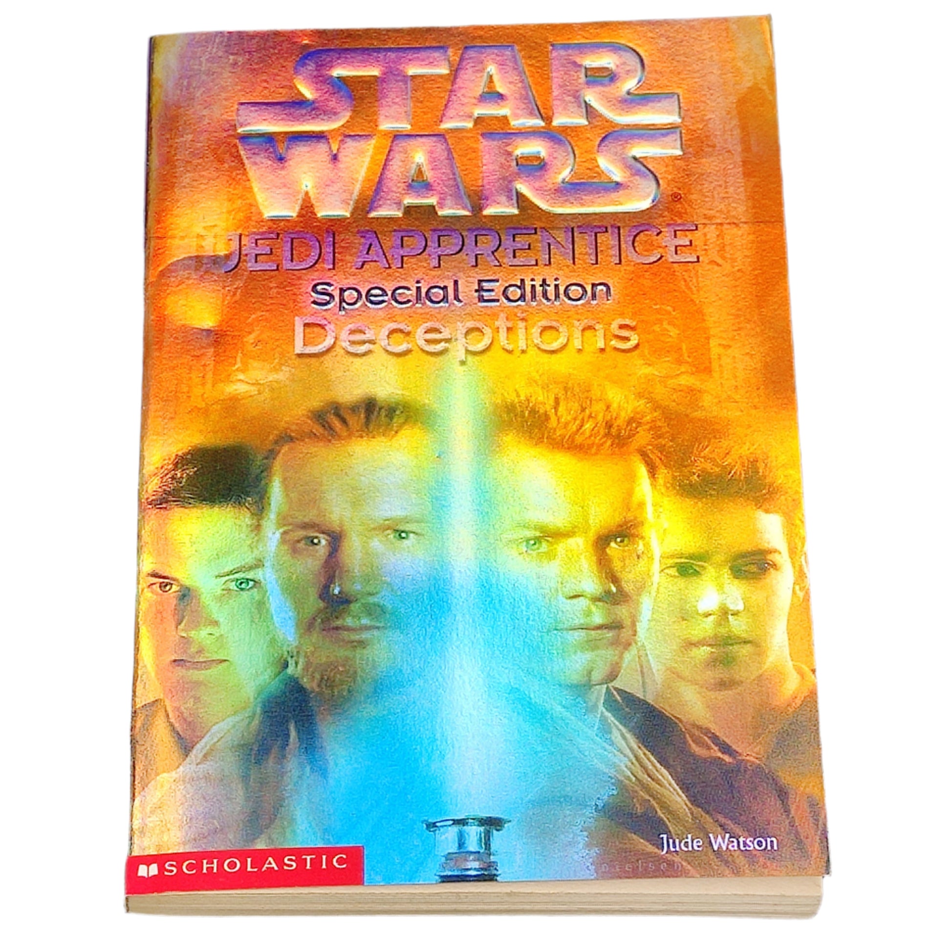 Book titled 'Deceptions' from the Star Wars Jedi Apprentice series on a dark textured background