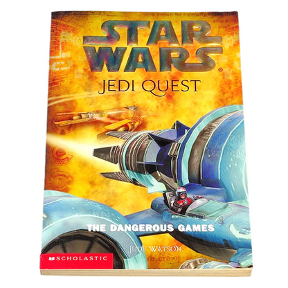 Book titled 'Star Wars Jedi Quest: The Dangerous Games' by Joel Watson on a dark textured background