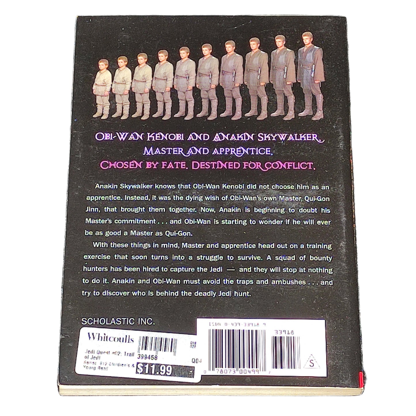 Back cover of a book with text and character illustrations on a textured surface