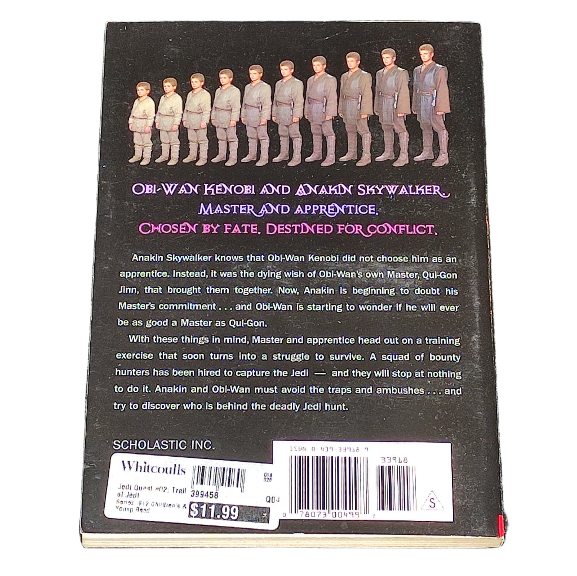 Back cover of a book with text and character illustrations on a textured surface