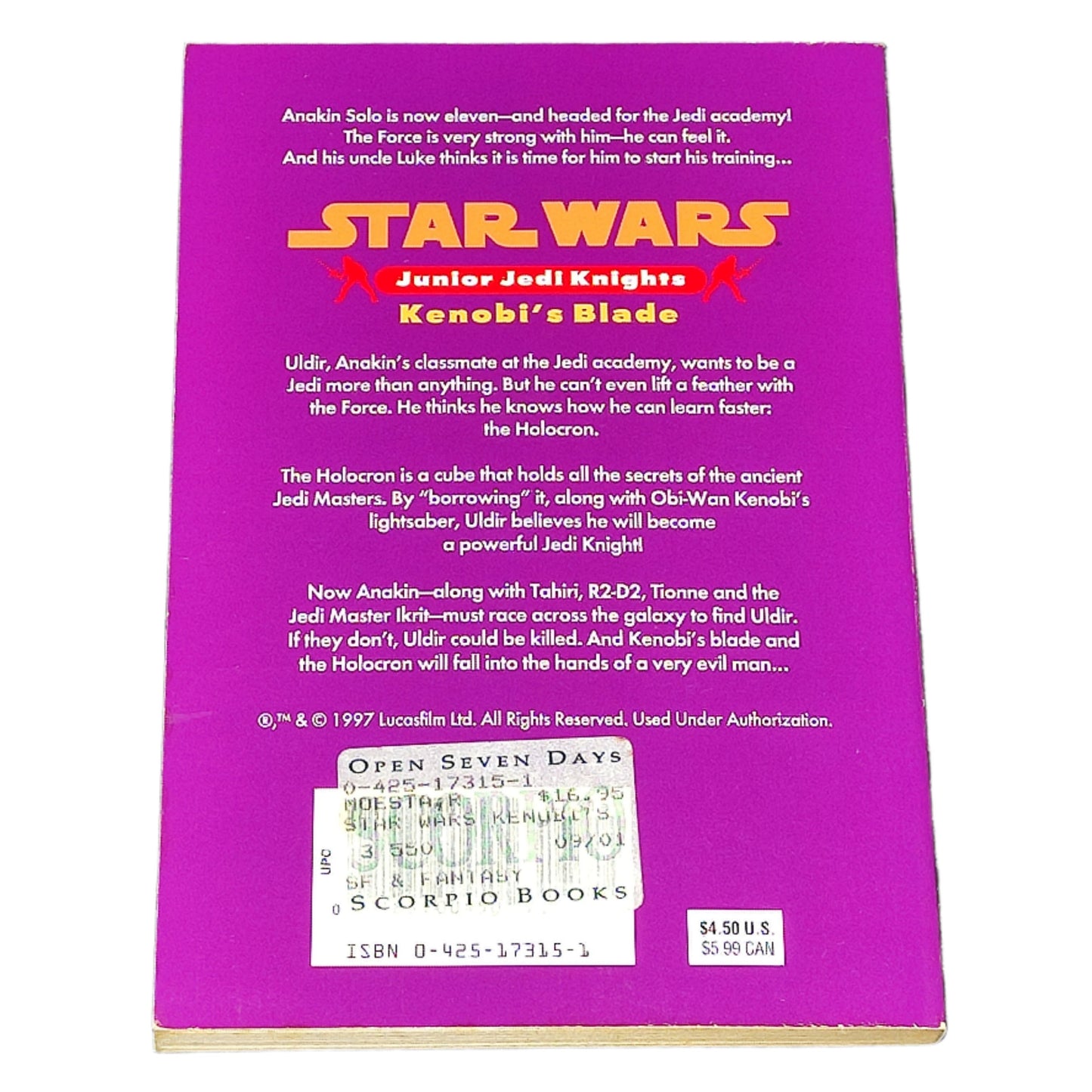 Back cover of a Star Wars book titled 'Anakin's Blade' on a textured black surface.