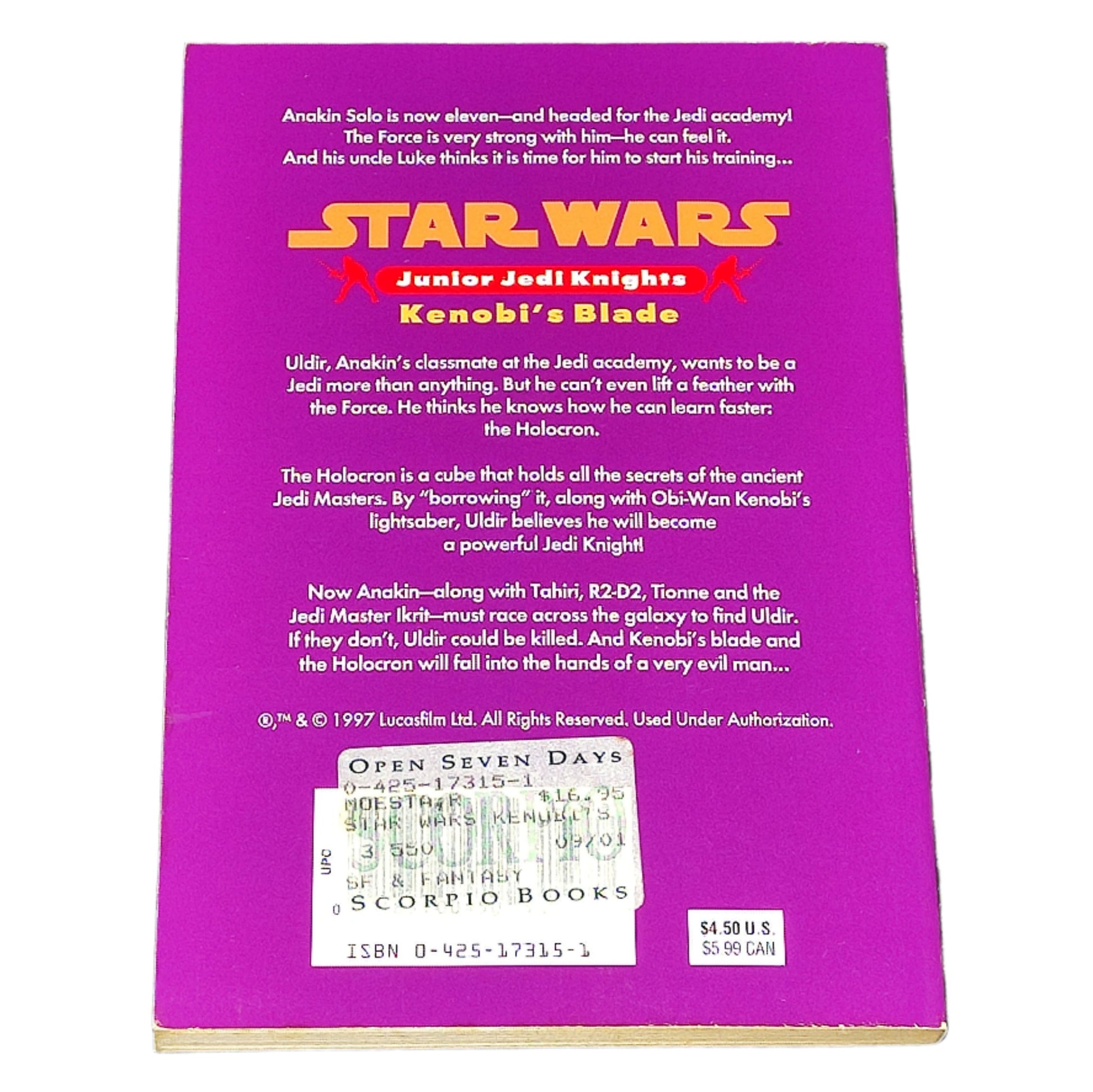 Back cover of a Star Wars book titled 'Anakin's Blade' on a textured black surface.