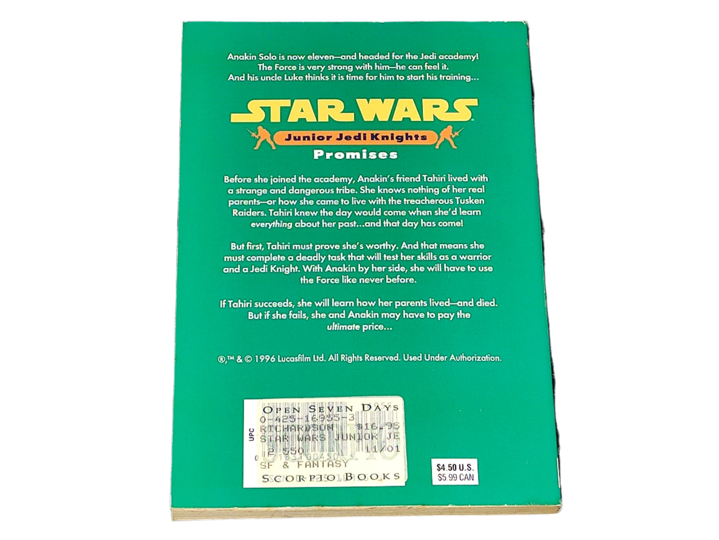 Back cover of a 'Star Wars Junior Jedi Knight' book with green background and text.