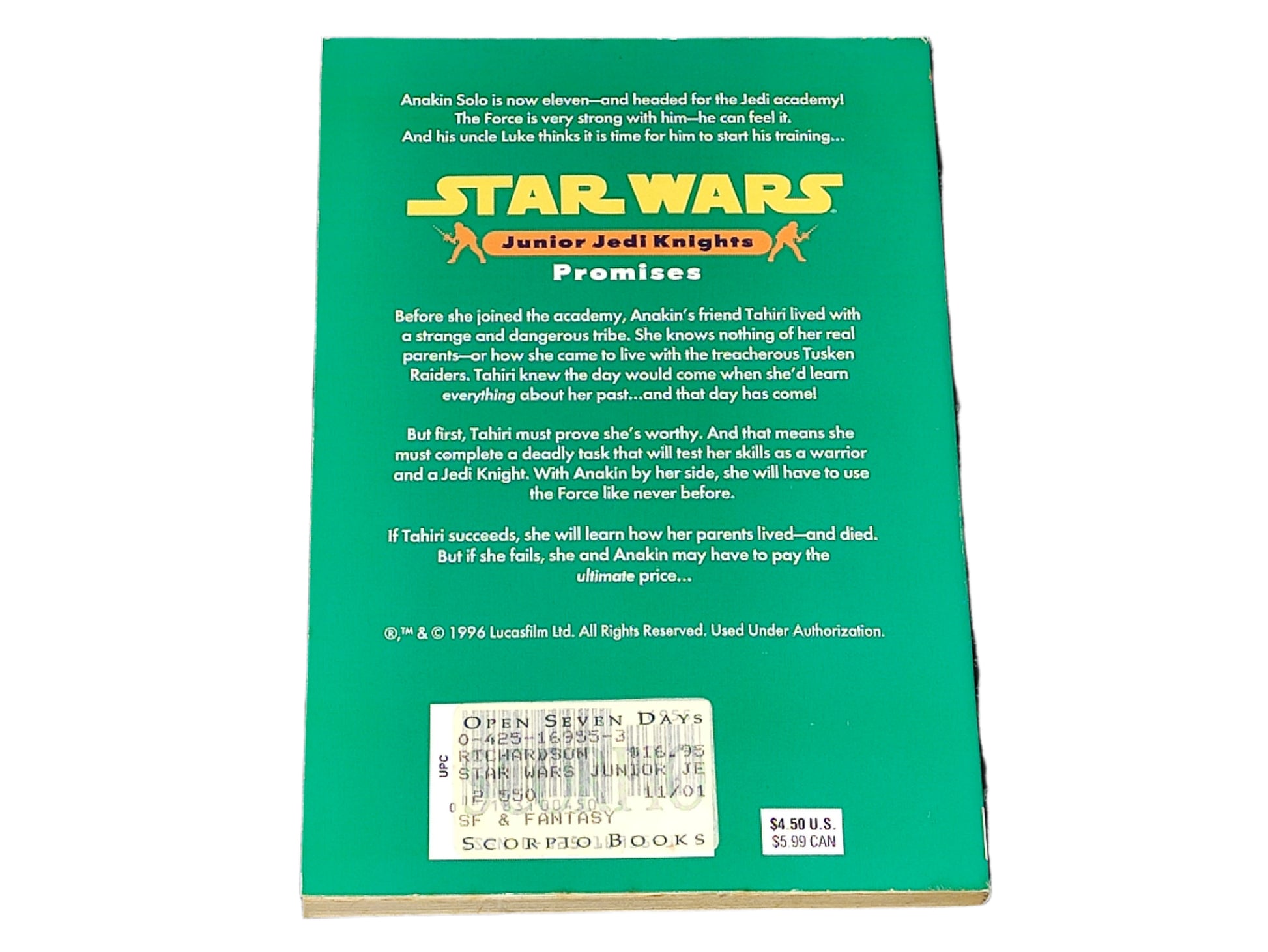 Back cover of a 'Star Wars Junior Jedi Knight' book with green background and text.