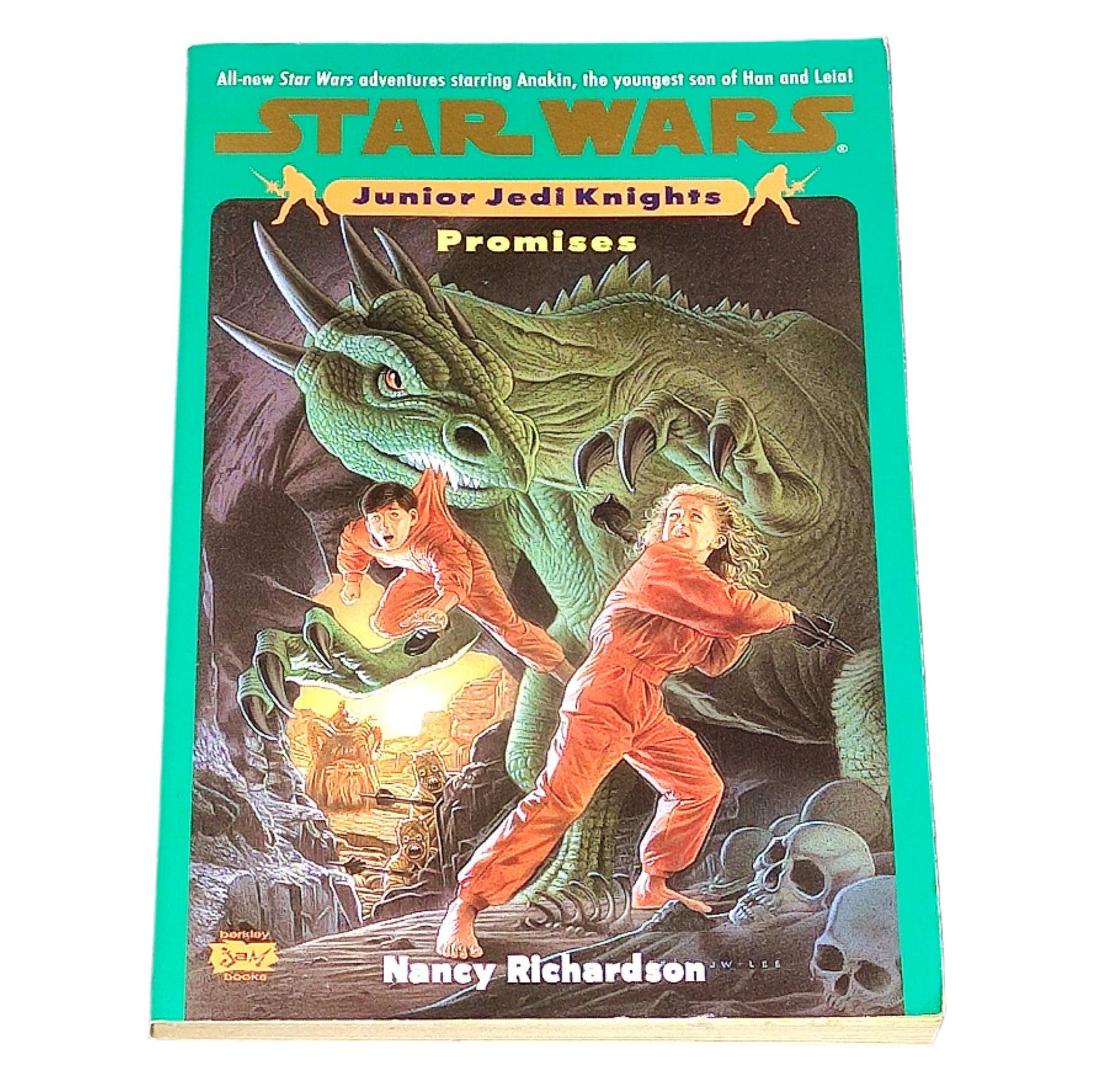 Book titled 'Promises' from the Junior Jedi Knights series in Star Wars on a textured black surface.