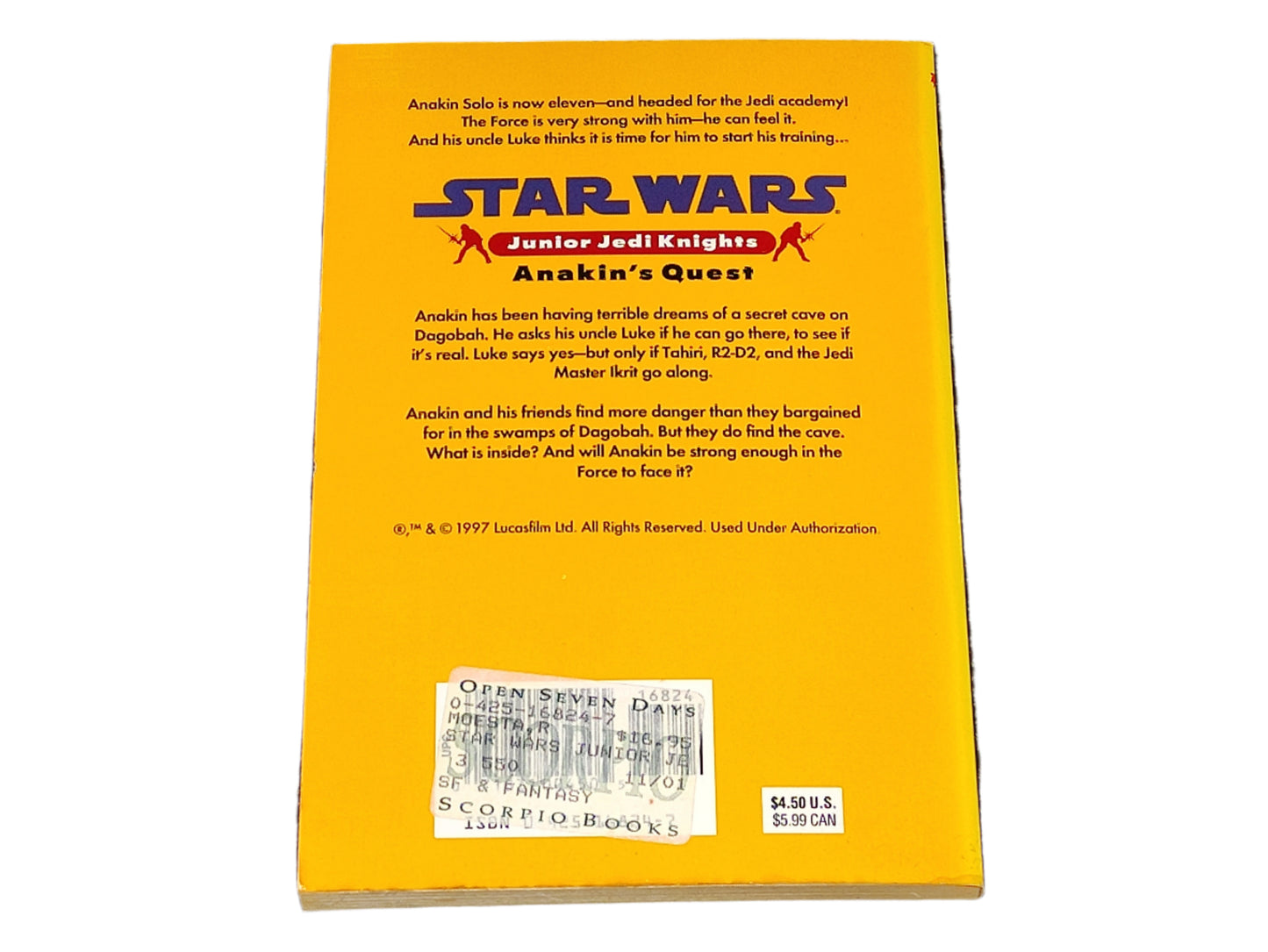 Back cover of a 'Star Wars' book with yellow background and text.