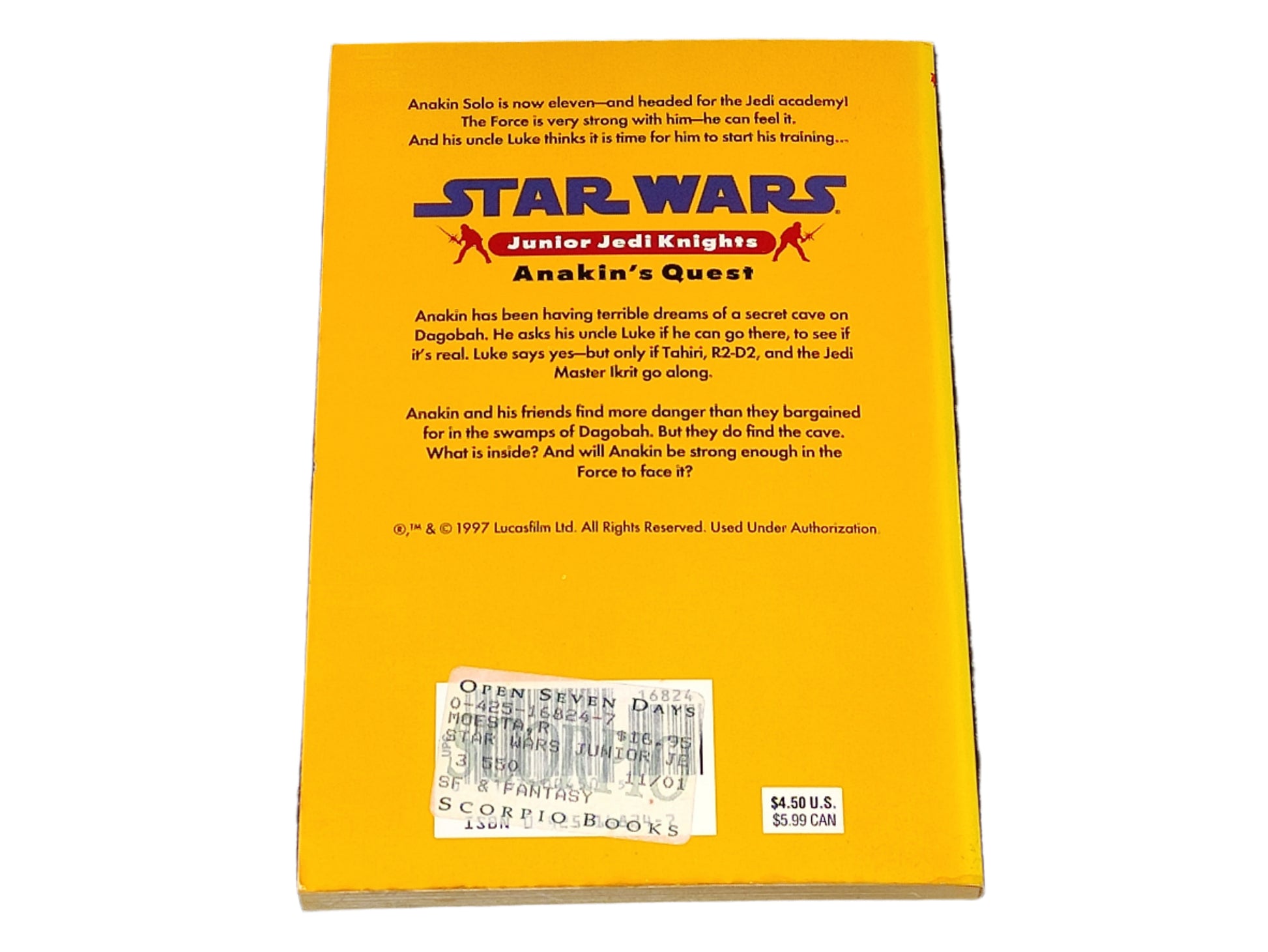 Back cover of a 'Star Wars' book with yellow background and text.