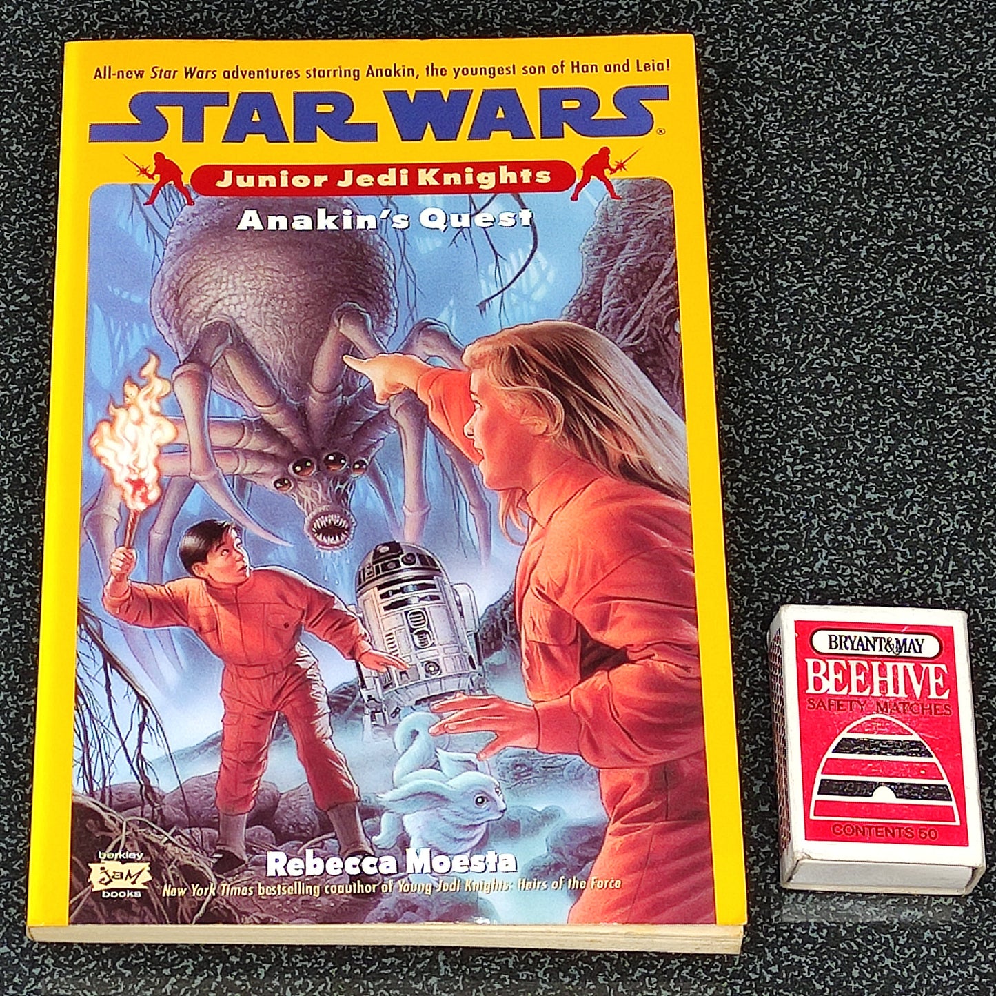 Star Wars Junior Jedi Knights book titled 'Anakin's Quest' on a black textured surface with a small box labeled 'Beehive'.