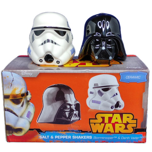 Star Wars-themed salt and pepper shakers on a branded box.