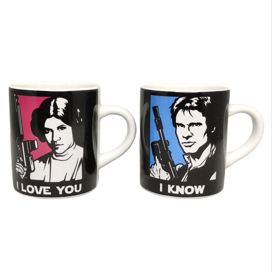 STAR WARS Han Solo & Princess Leia Mini Mug Set Two mugs featuring characters with 'I Love You' and 'I Know' text on a white background