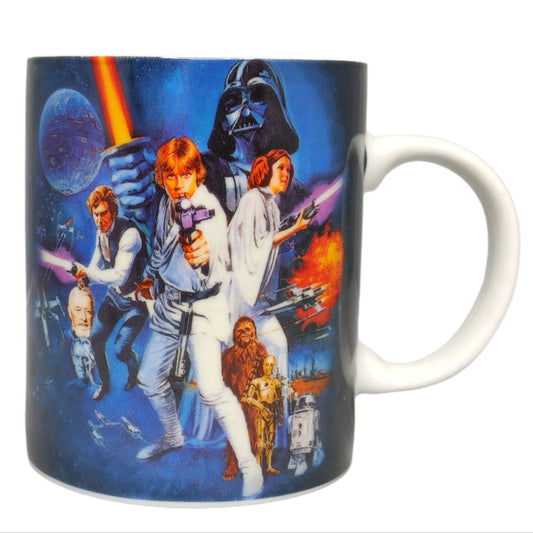 A New Hope Mug with Star Wars-themed design featuring characters and iconic scenes.