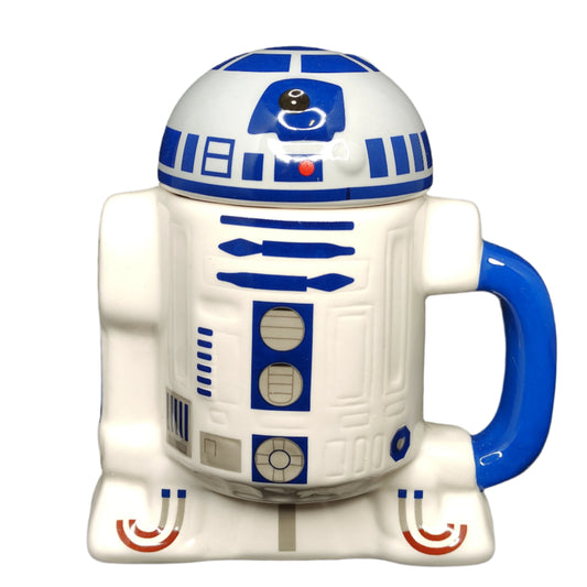 R2-D2 mug with lid from Star Wars on a black background