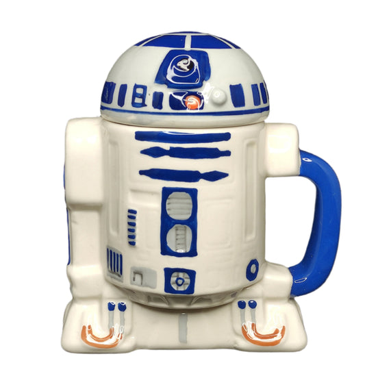 R2-D2 mug with lid from Star Wars on a black background