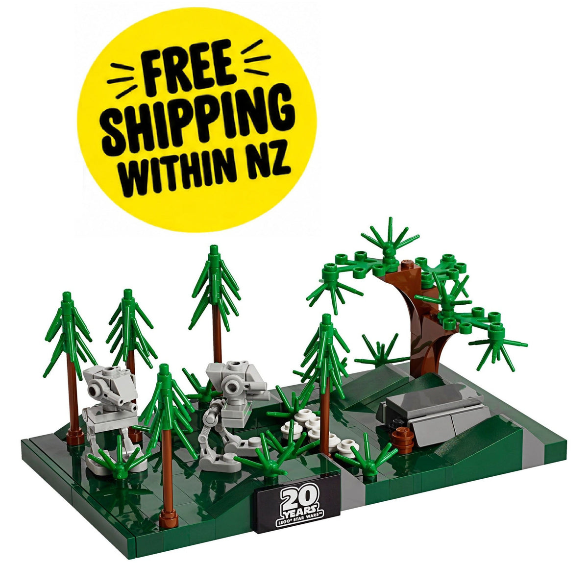 A small toy forest display set on a dark green base, featuring green trees, gray robot figures, a brown tree trunk, and a gray vehicle, with a yellow circular 'FREE SHIPPING WITHIN NZ' badge above it on a white background.
