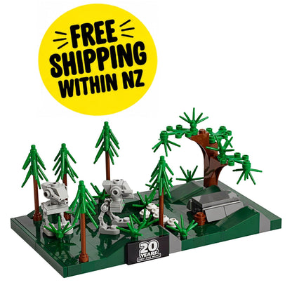 A small toy forest display set on a dark green base, featuring green trees, gray robot figures, a brown tree trunk, and a gray vehicle, with a yellow circular 'FREE SHIPPING WITHIN NZ' badge above it on a white background.