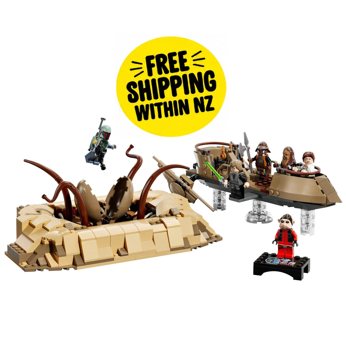 A LEGO desert vehicle set with multiple minifigures and a yellow circular badge that reads 'FREE SHIPPING WITHIN NZ' on a plain white background.
