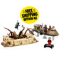 A LEGO desert vehicle set with multiple minifigures and a yellow circular badge that reads 'FREE SHIPPING WITHIN NZ' on a plain white background.