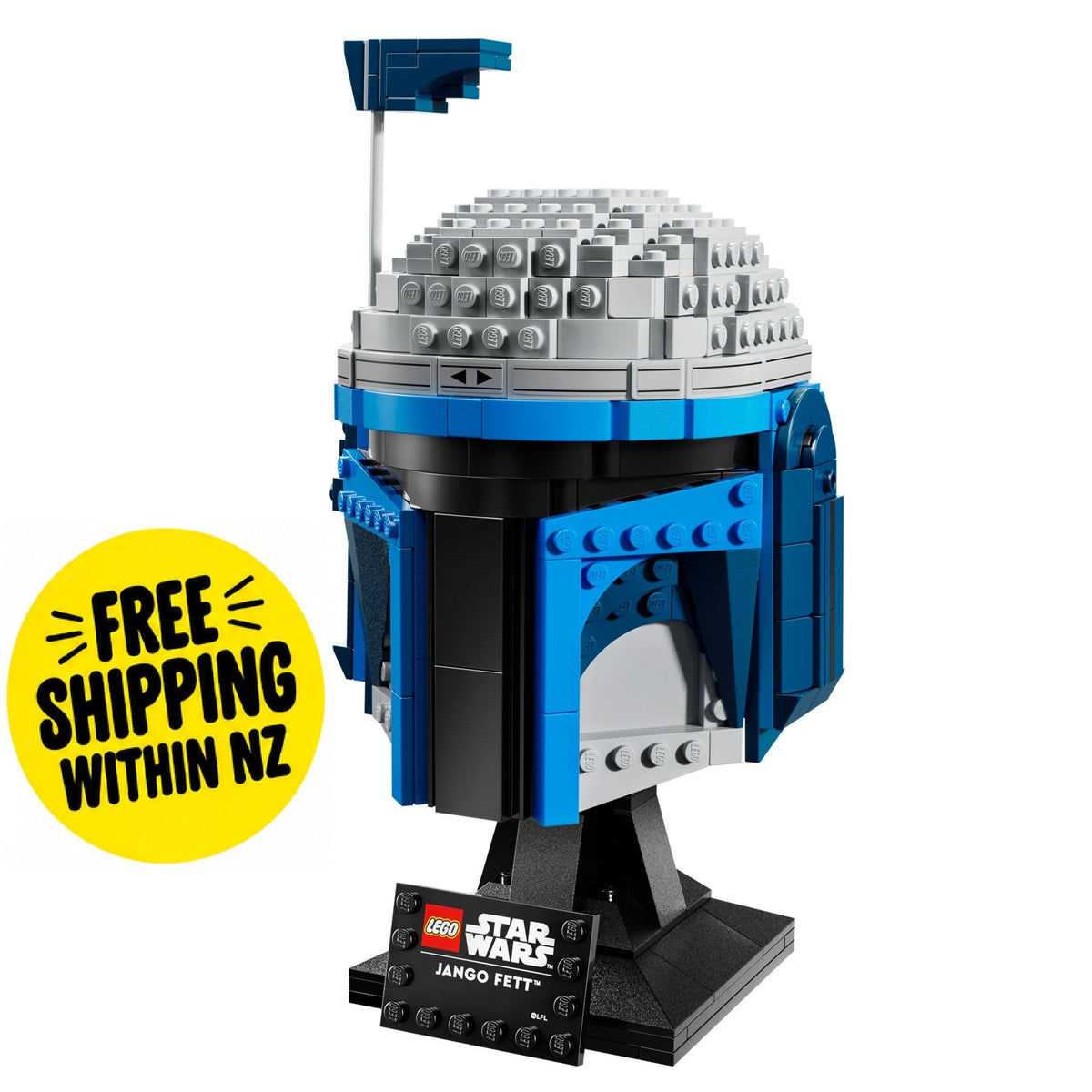 LEGO Star Wars Jango Fett model building set on a white background, featuring a blue and gray helmeted figure on a black display base with a small LEGO card. A yellow circular badge on the left reads 'FREE SHIPPING WITHIN NZ'.