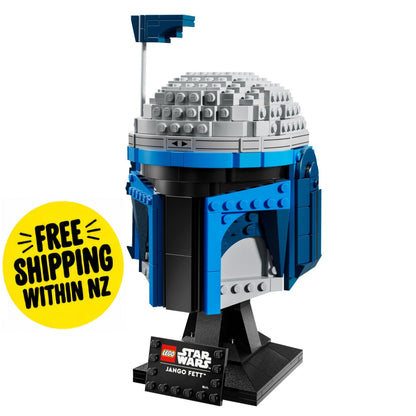 LEGO Star Wars Jango Fett model building set on a white background, featuring a blue and gray helmeted figure on a black display base with a small LEGO card. A yellow circular badge on the left reads 'FREE SHIPPING WITHIN NZ'.