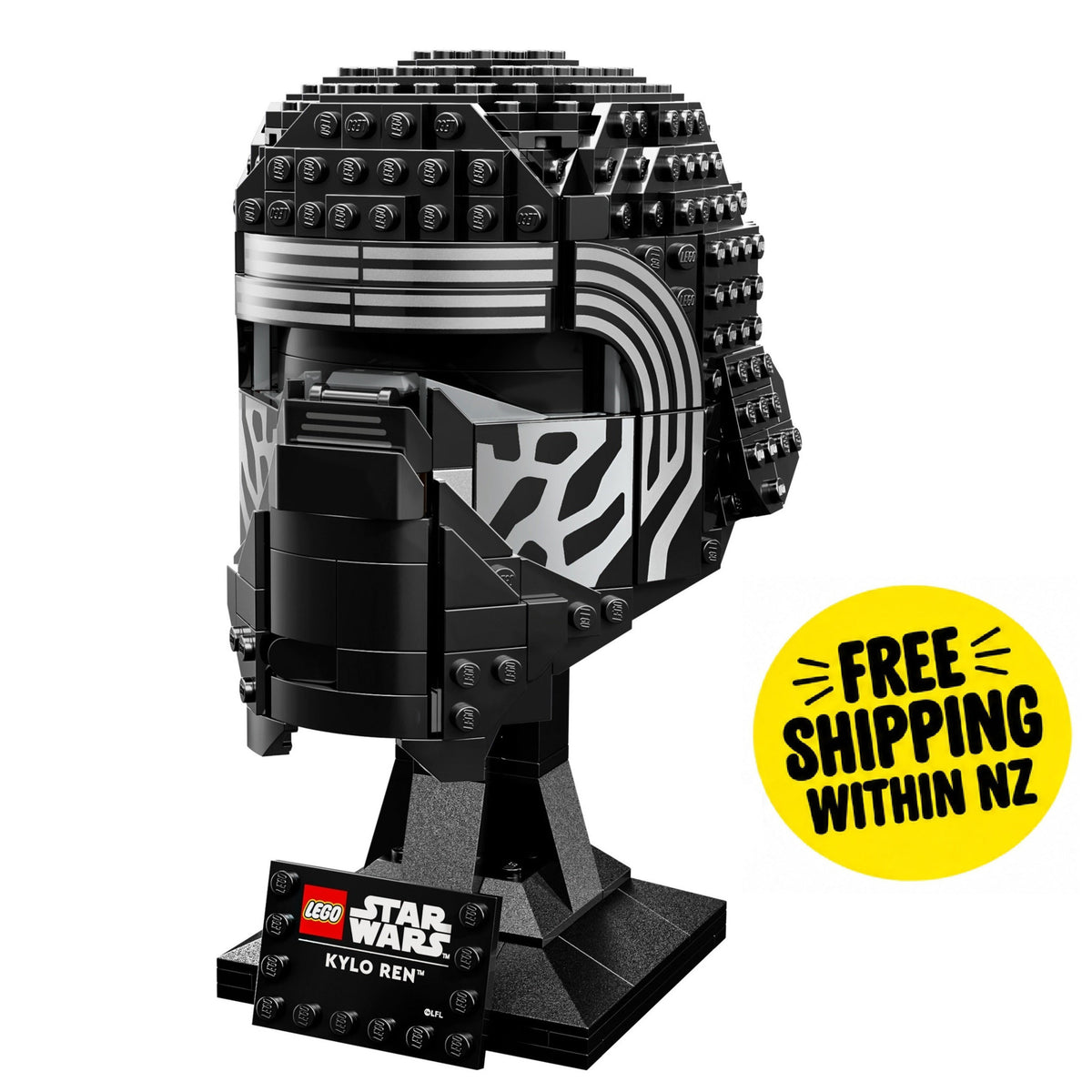 LEGO Star Wars Kylo Ren head building set on a black display stand, shown against a white background with a yellow 'FREE SHIPPING WITHIN NZ' badge.