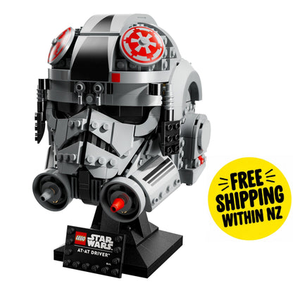 LEGO Star Wars AT-AT Drives helmeted driver toy set on a display stand, featuring a black and gray design with red accents and a yellow 'FREE SHIPPING WITHIN NZ' badge on a white background.