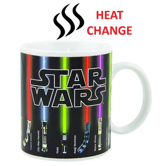 Star Wars heat change mug with colorful lightsabers design on a white background